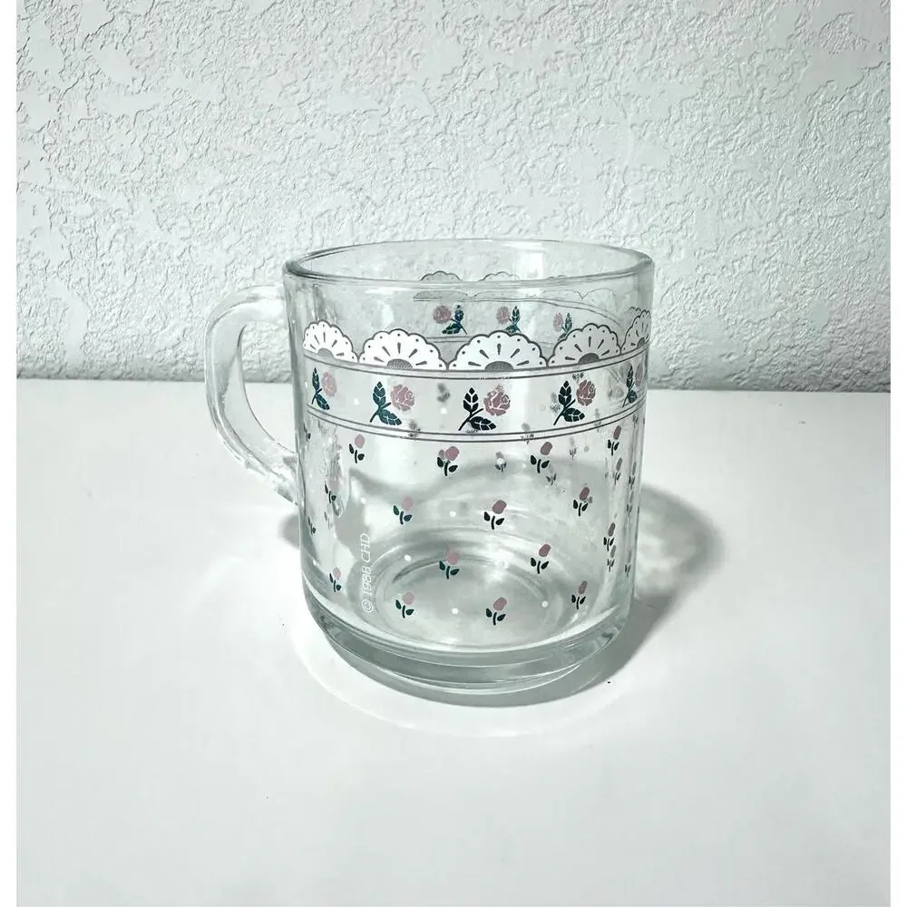Vintage Anchor Hocking Clear Mug Glass Pink Roses Lace Design Floral with Handle - Picture 1 of 7